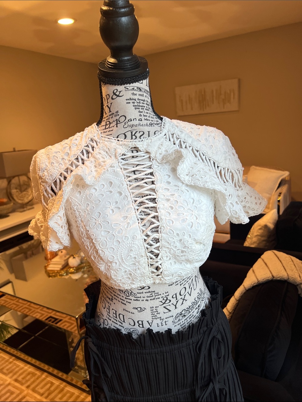 Zimmerman White Eyelet Lace Crop Top with Ruffle Shoulders